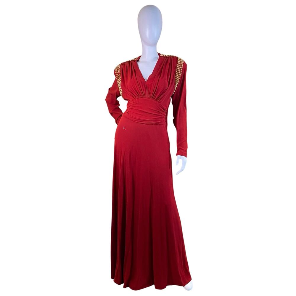 1940s Vintage Rayon Crepe Red Evening Gown Studded Bias Cut Restoration Project